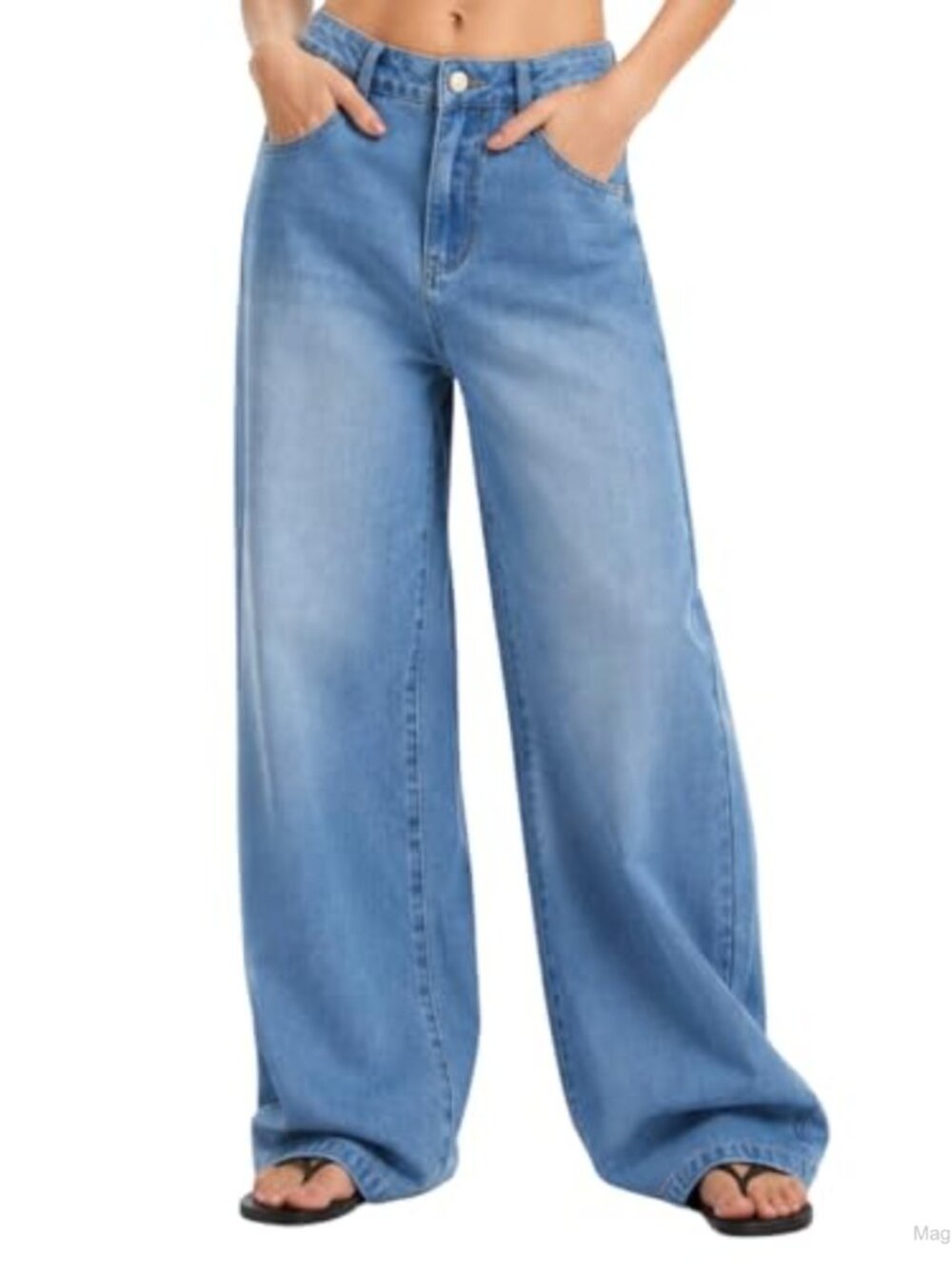 Adjustable Waist Straight Leg Jeans Women Snap Button Mid Rise Denim Pants